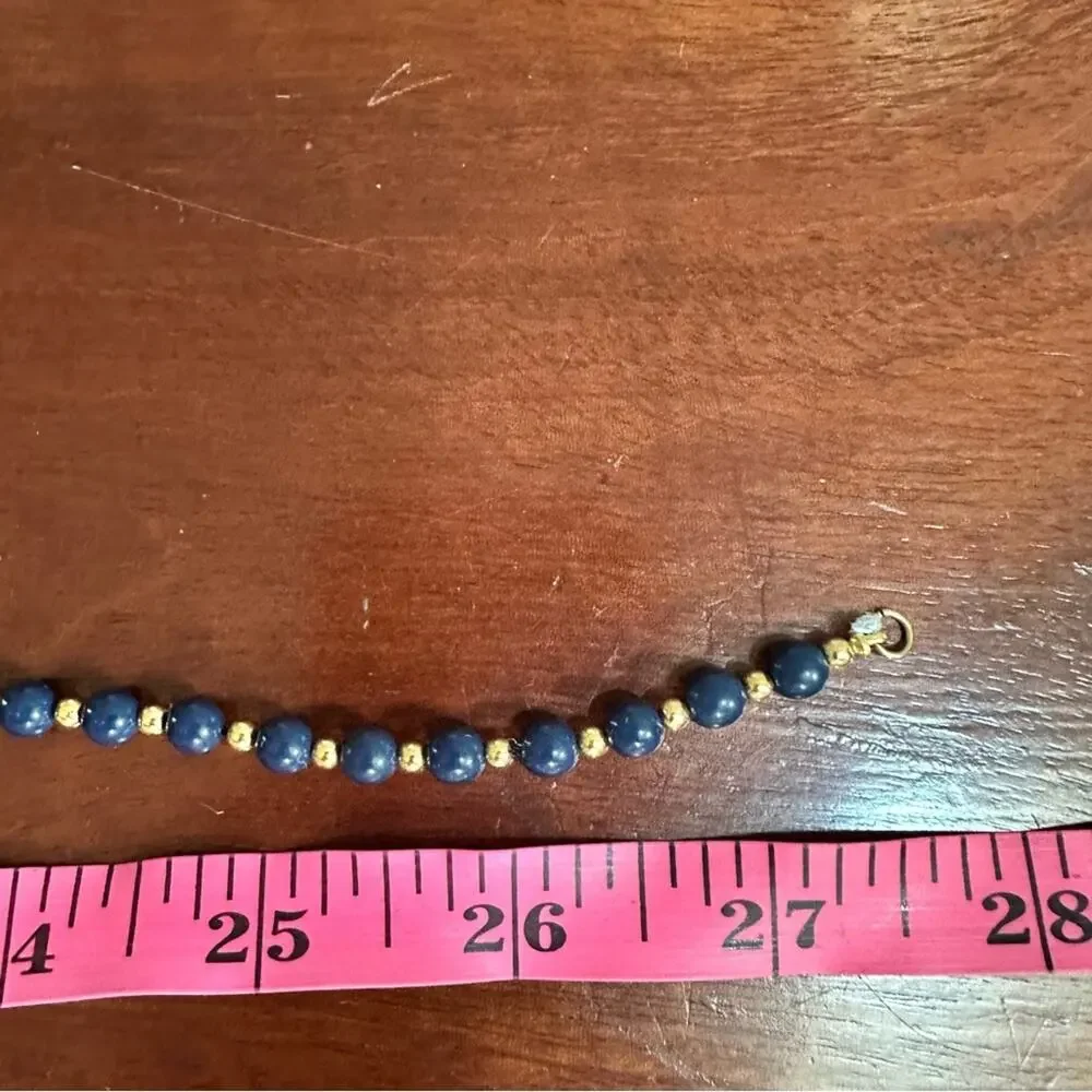 Monet Blue Navy Blue Gold Spacer Beads Necklace Vintage Retro Jewelry Marked